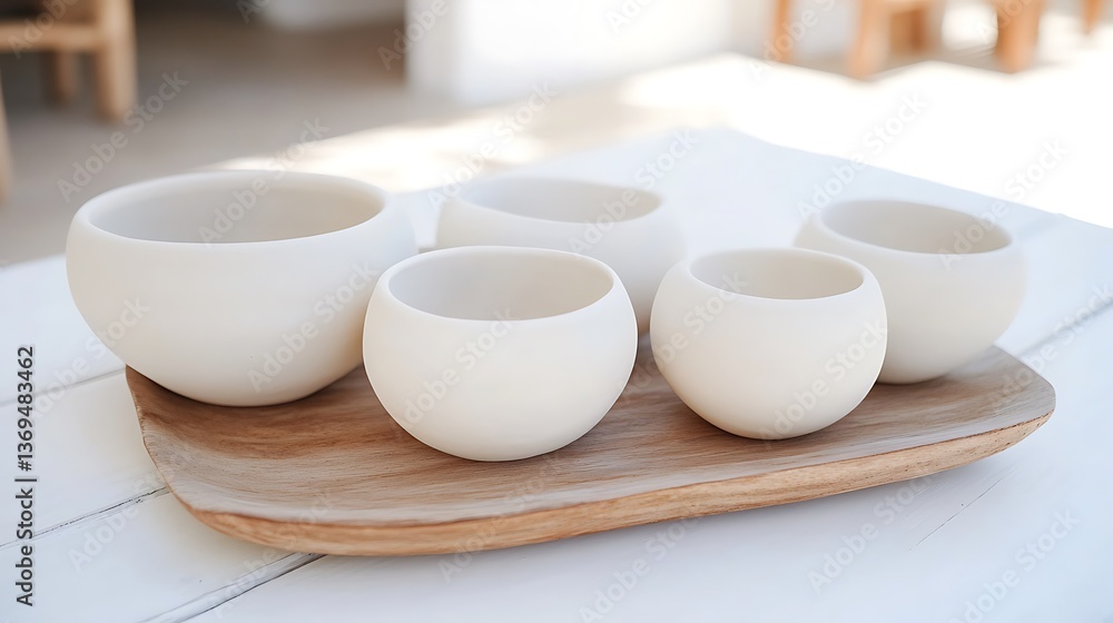 Several white ceramic bowls rest on a wooden serving platter Several white ceramic bowls rest on a wooden serving platter