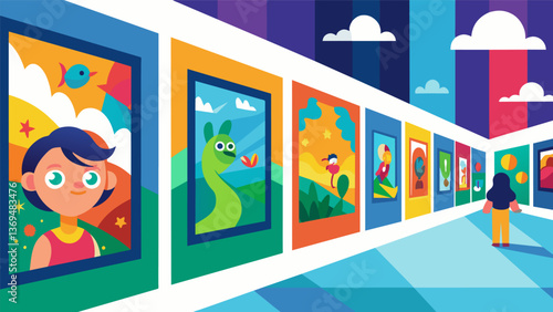 A line of colorful and imaginative paintings adorning the walls all created by the talented hands of young artists.. Vector illustration