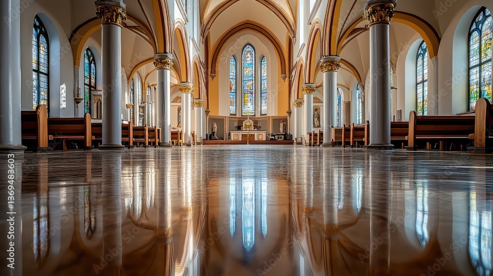 Fototapeta premium The interior of an empty church with towering columns, arched ceilings, and polished floors, creating a spacious, peaceful atmosphere.