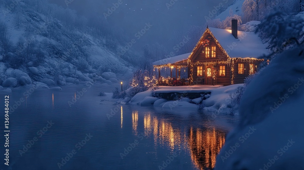Fototapeta premium Illuminated cabin, snowy landscape, tranquil lake reflection.