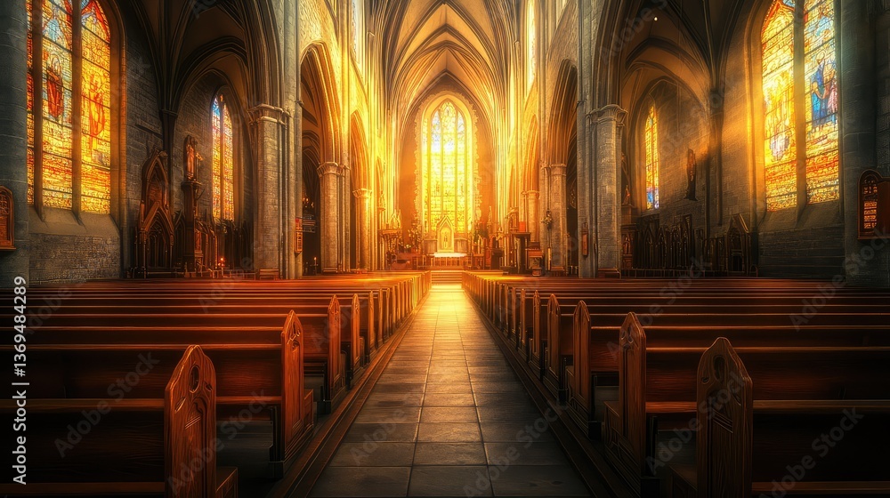 The long aisle of a church, with empty pews on either side and soft, warm light filtering through high windows, inviting reflection. The long aisle of a church, with empty pews on either side and soft, warm light filtering through high windows, inviting reflection.