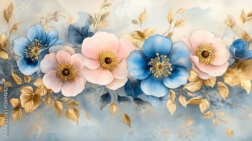  A watercolor painting of delicate pastel pink, blue, and gold flowers with golden leaves on an isolated background,