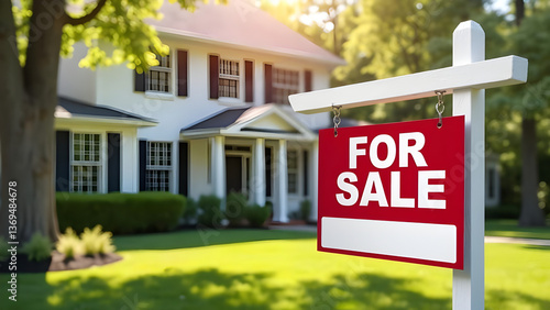 Real Estate For Sale Sign in Front of Modern Suburban House with Green Lawn at Sunset, Symbolizing Property Market, Home Buying, Investment Opportunity, Residential Housing, and New Beginnings