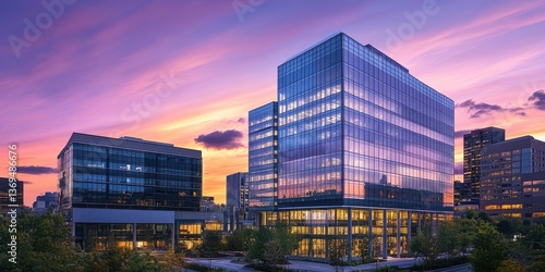 Modern glass office building at sunset with vibrant sky.
