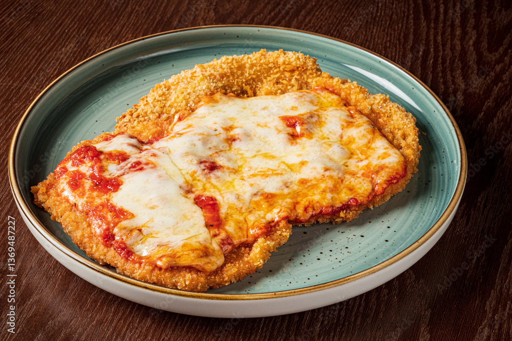 .schnitzel with cheese and sauce .schnitzel with cheese and sauce