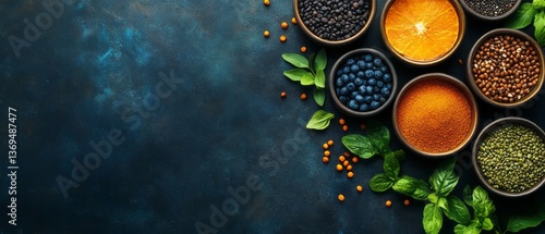 Wallpaper Mural Bowls of assorted healthy superfoods presented against a dark backdrop Torontodigital.ca