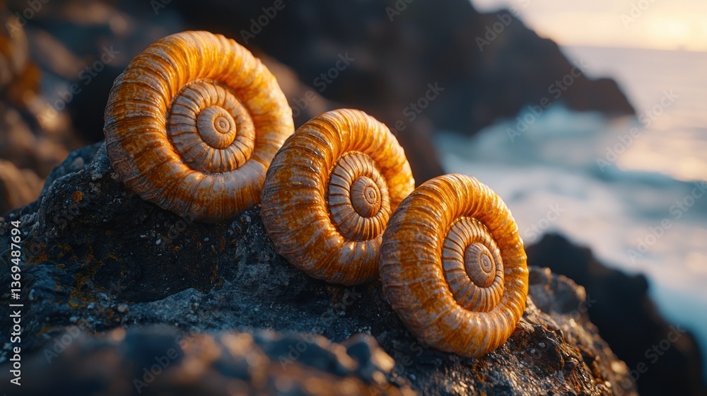 Ancient spiral shells on rocks by the sea Ancient spiral shells on rocks by the sea