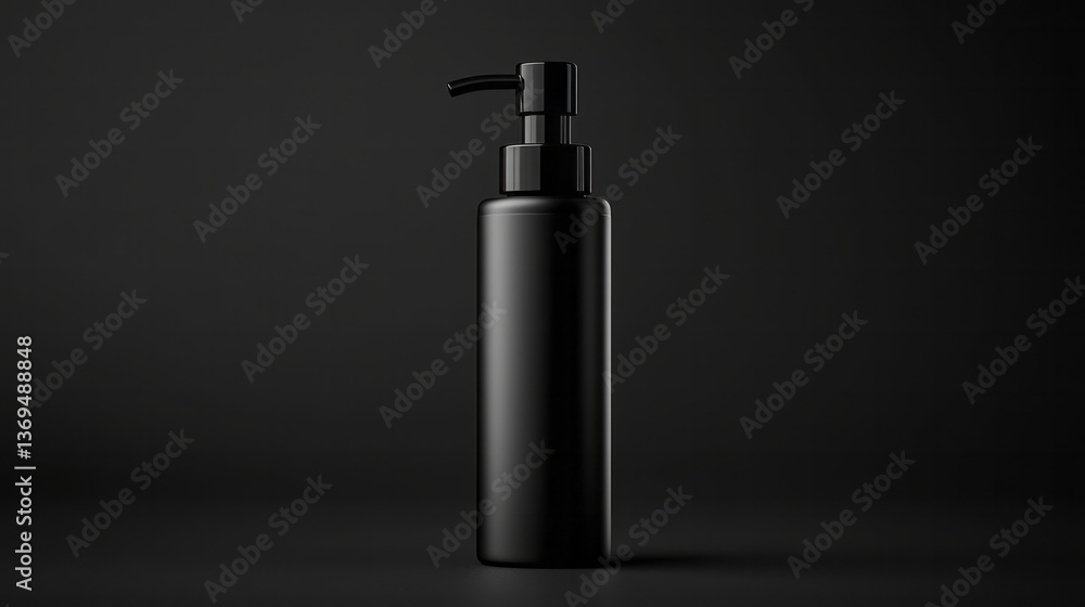 Sleek black bottle with pump stands against a dark backdrop Sleek black bottle with pump stands against a dark backdrop