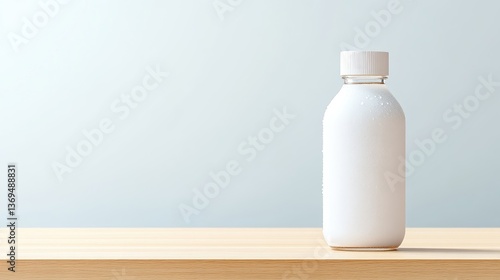 Blank, white bottle on light wooden surface