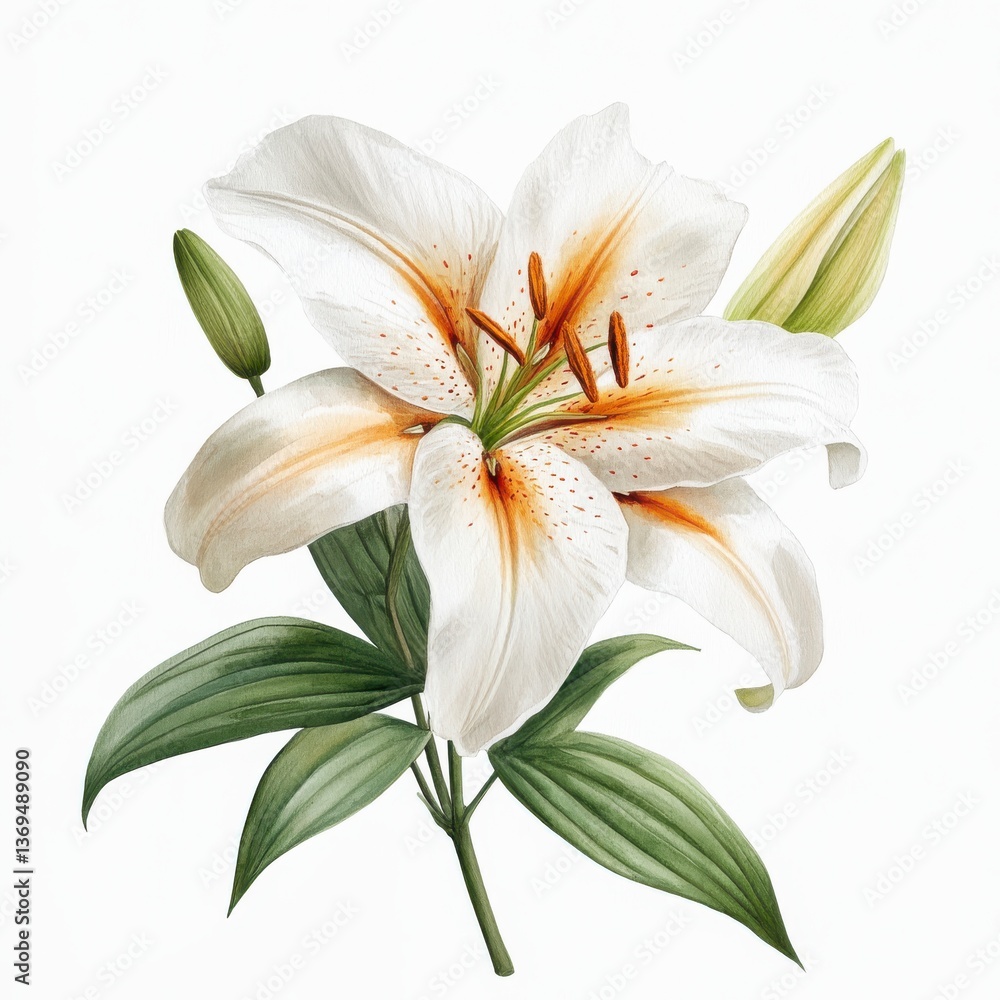 Fototapeta premium Elegant White Lily Blossom with Green Leaves Botanical Illustration Isolated on White Background Floral Design with Detailed Watercolor Petals and Stamens