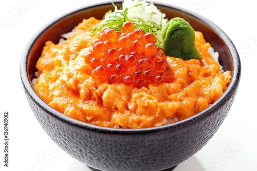 A luxurious uni donburi featuring creamy sea urchin, ikura, and sushi rice, rich textures, high detail, isolated on a white background.