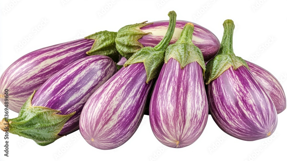 Fototapeta premium Heap of Striped Purple and White Eggplants with Green Stems on a White Background in a Studio Shot