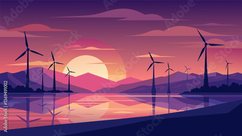 A stunning vista of the wind farm at sunset with each turbine catching the light in a unique way.. Vector illustration