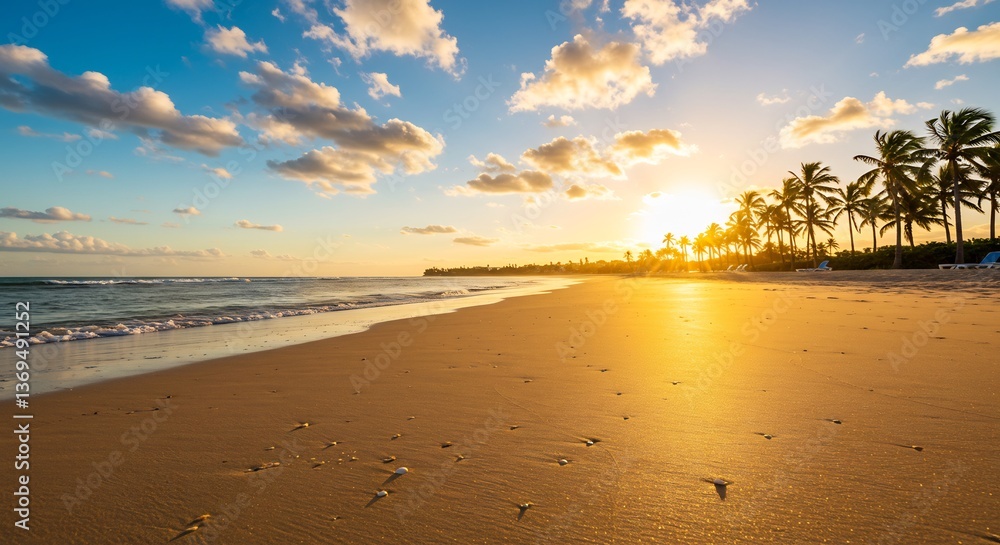 Golden sunset paints tranquil beach scene warm hues Palm trees silhouette against vibrant sky Peaceful ocean waves gently caress sandy shore. AI Generated Golden sunset paints tranquil beach scene warm hues Palm trees silhouette against vibrant sky Peaceful ocean waves gently caress sandy shore. AI Generated