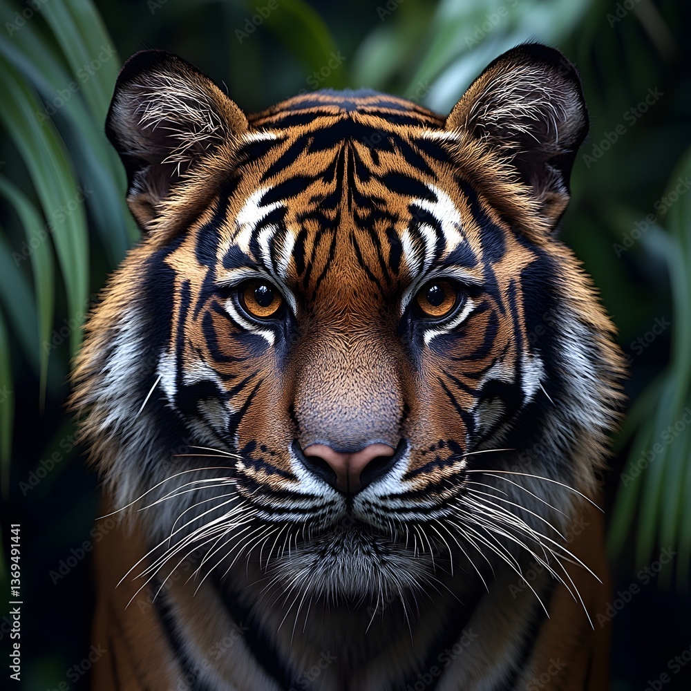Fototapeta premium a majestic malayan tiger stares directly into the camera, its piercing amber eyes full of intensity. the background is a lush green jungle with blurred foliage. wildlife photography