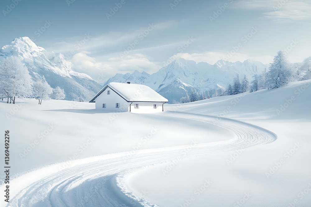 Fototapeta premium Snowy Mountain Chalet Winter Road.