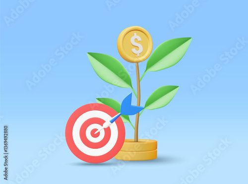 3D Illustration Minimal Vector Icon Goal, Target, Money Tree, and Dollar Coin Concept of Investment Growth and Achievement of Financial Goals, Planning, Wealth, Profit, Saving, Sustainable Investment.