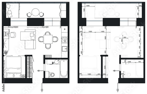 
Floor plan with furniture in top view. Architectural measuring plan of apartment. Detailed studio layout with ergonomic dimensions. Vector