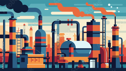 A sprawling oil refinery its maze of pipes and tanks working tirelessly to convert fossil fuels into energy.. Vector illustration