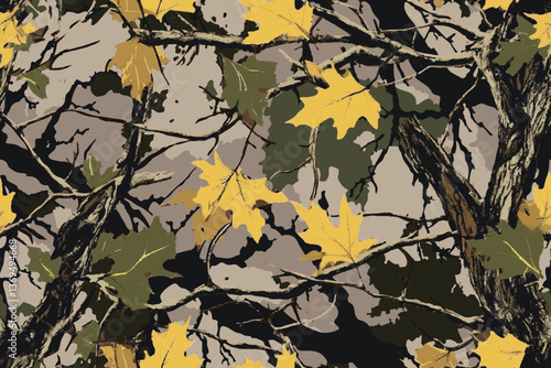 Woodland hunting camouflage seamless pattern with tree bark. Camouflage pattern background for hunting and military purposes.