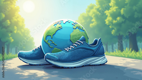 Running shoes next to a globe on a sunny path through green trees, eco-friendly fitness concept