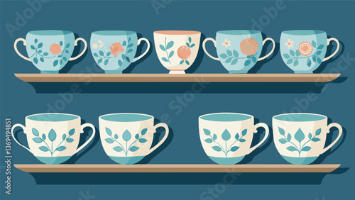 A row of delicate porcelain teacups drying on shelves handpainted with intricate floral patterns.. Vector illustration