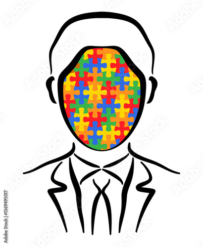 Vector line art of man with colorful jigsaw puzzle head in suit.