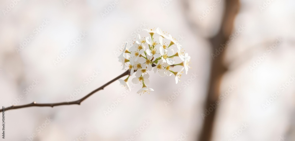 Delicate white blossoms cluster on a slender, gently curving branch against a soft, blurred background, garden, blooming, delicate Delicate white blossoms cluster on a slender, gently curving branch against a soft, blurred background, garden, blooming, delicate