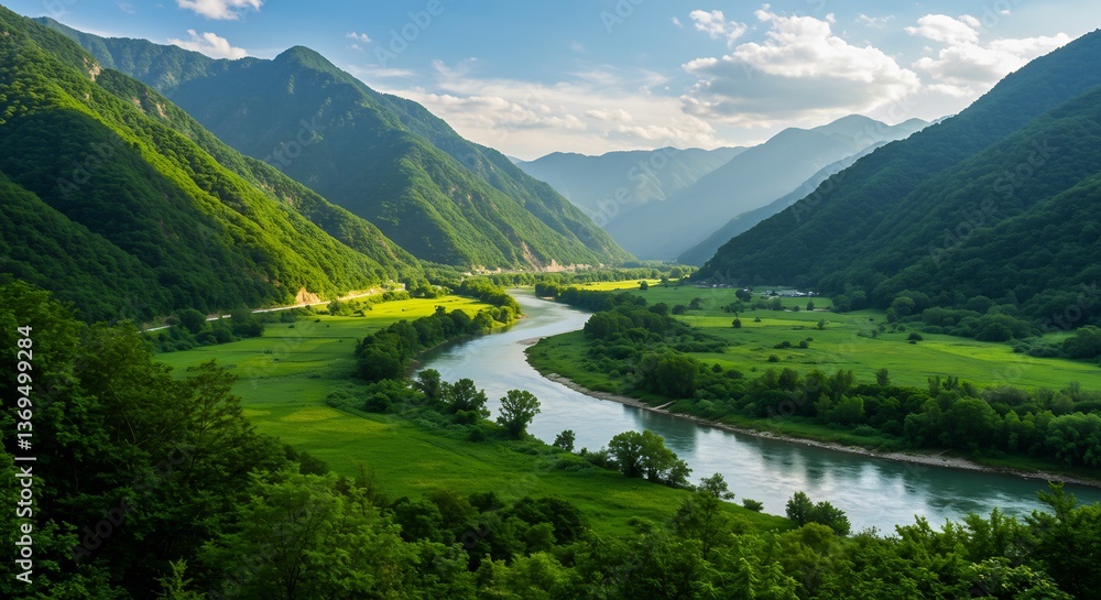 Fototapeta premium Serene River Valley Landscape Sunlight bathes lush green mountains and meandering river creating a peaceful ambiance.. AI Generated