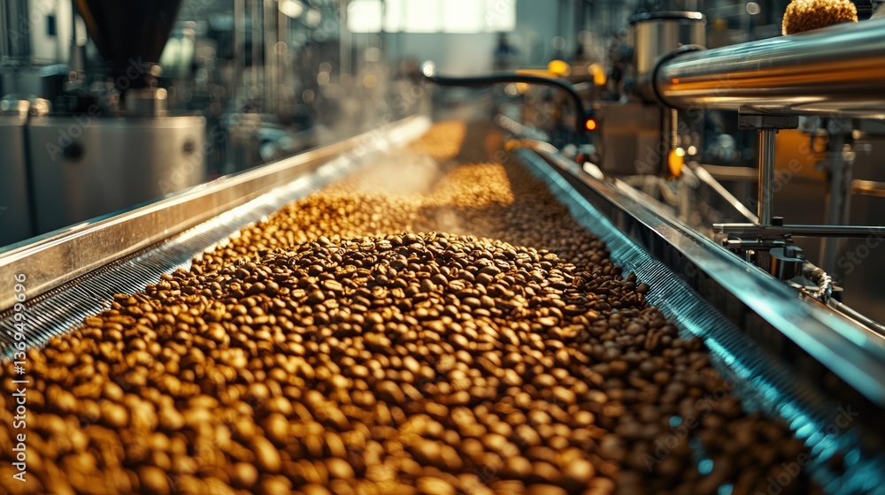 Industrial coffee production with beans flowing through machinery. Industrial coffee production with beans flowing through machinery.