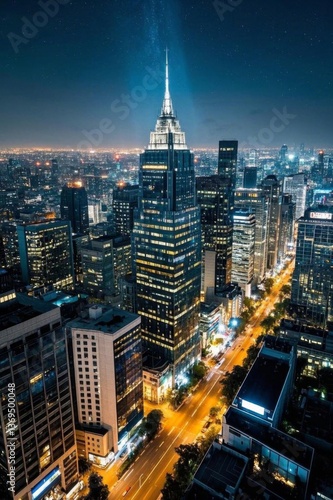 arafed view of a city at night with a street and skyscrapers