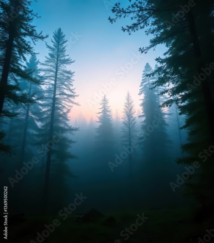 Ethereal blue mist shrouds dawn forest, serene atmosphere, woods, abstract