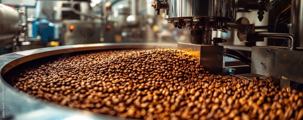 Industrial machinery processes coffee beans in a production setting. Industrial machinery processes coffee beans in a production setting.