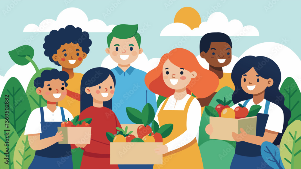A group of teachers proudly display their Garden to Table curriculum as students harvest fresh vegetables to be used in cooking classes all grown in. Vector illustration A group of teachers proudly display their Garden to Table curriculum as students harvest fresh vegetables to be used in cooking classes all grown in. Vector illustration