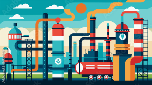 A series of intricate pipes and tubes s through the refinery channeling raw petroleum through various stages of processing to create the perfect. Vector illustration