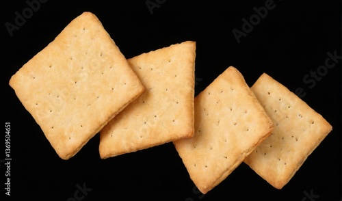 Freshly baked square crackers in diagonal layout on black background, largest in center, two smaller on each side.