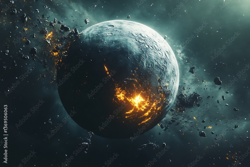 Obraz premium Dramatic Planet Destroyed in Space Debris with Fiery Explosion Effect