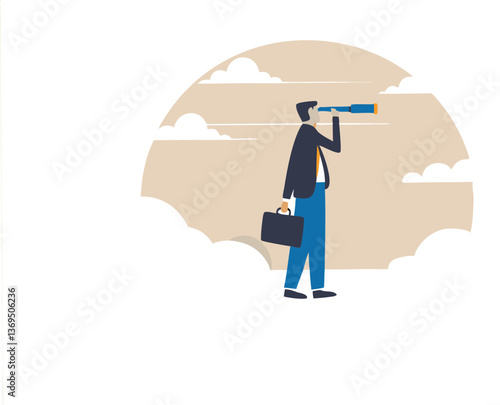 Embark on a new journey, focusing on career growth and project milestones, with a businessman using a telescope to foresee success and future achievements.