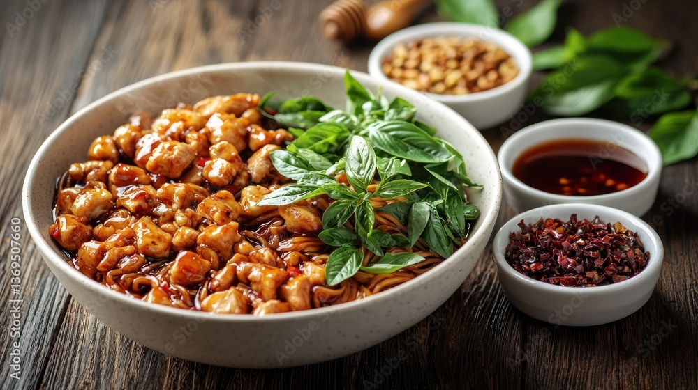 Chicken noodles with rich sauce and fresh herbs. Served in a bowl, garnished with fresh basil Chicken noodles with rich sauce and fresh herbs. Served in a bowl, garnished with fresh basil