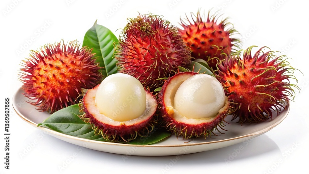 Fresh and Juicy Rambutan Fruits on a Plate with Green Leaves Fresh and Juicy Rambutan Fruits on a Plate with Green Leaves
