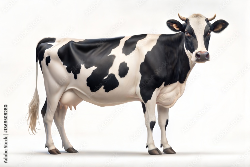 A close-up of a healthy black and white dairy cow standing in profile against a clean white background, highlighting its characteristic features and markings A close-up of a healthy black and white dairy cow standing in profile against a clean white background, highlighting its characteristic features and markings