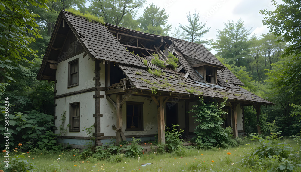 Abandoned house in woods overgrown building decaying architecture old home forgotten structure nature scene Abandoned house in woods overgrown building decaying architecture old home forgotten structure nature scene