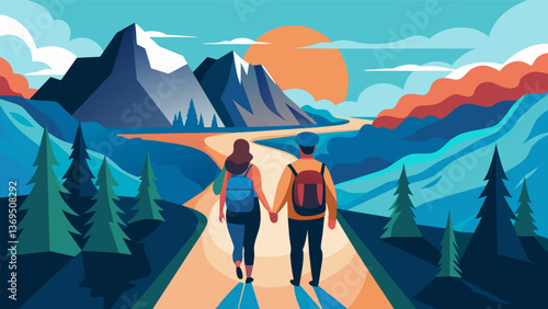 Hand in hand the hikers make their way up to a breathtaking viewpoint where they pause to take in the stunning panoramic vista.. Vector illustration