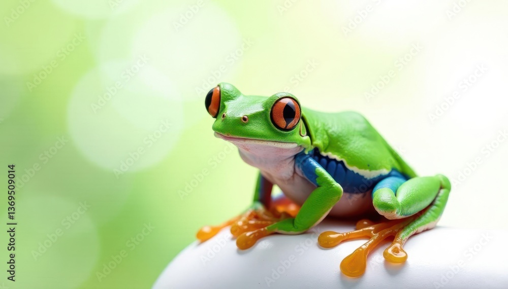 Obraz premium Green tree frog perched on white, vibrant detail, fauna, studio shot