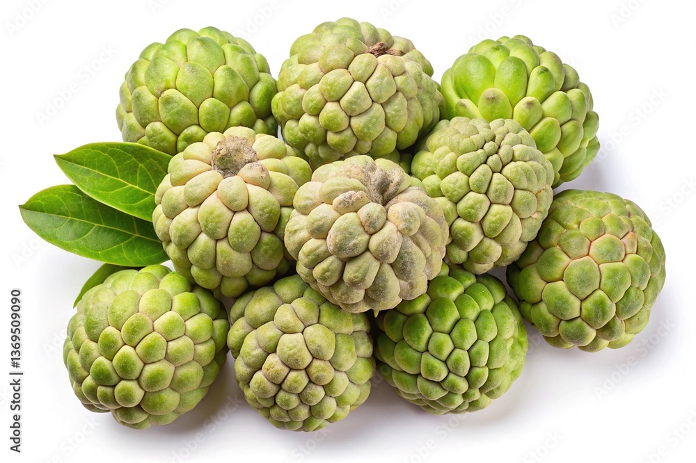 Fototapeta premium A Collection of Fresh Green Cherimoyas with Lush Leaves