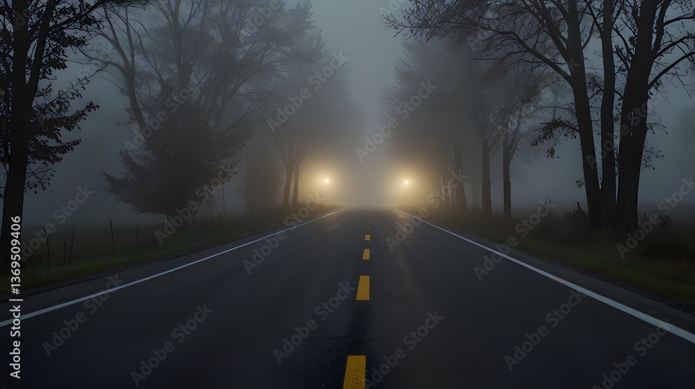 Fototapeta premium Foggy Road at Night with Headlights