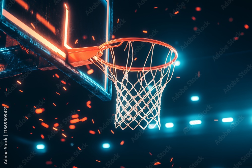 Neon-lit basketball hoop with dynamic sparks at night game arena Neon-lit basketball hoop with dynamic sparks at night game arena