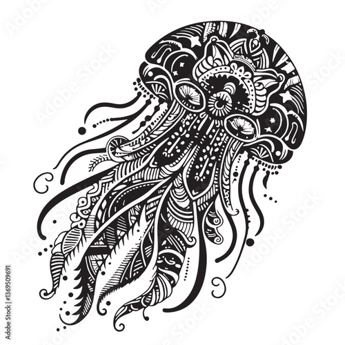 Black Jellyfish Silhouette Vector, High Quality Illustration on White Background