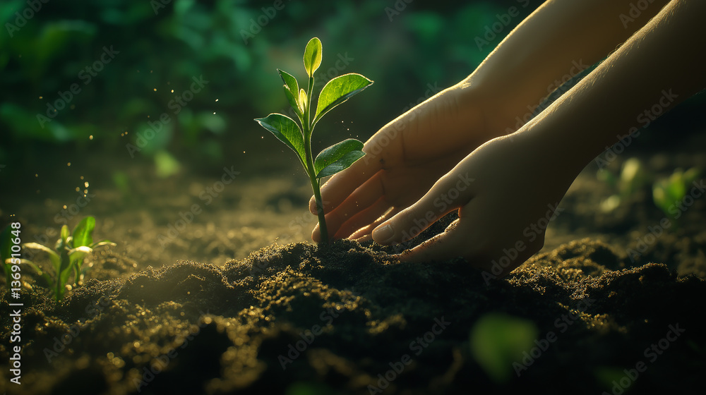 Fototapeta premium Hands holding a green plant in a garden symbolizing growth and care for nature