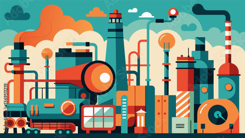 A sprawling expanse of pipes tanks and machinery creating a symphony of industrial noise.. Vector illustration